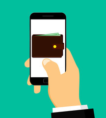 Hand holding a smartphone with a purse on the screen of mobile payments.