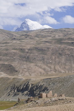 Mountain Karla Marxa rising to 6723m, with little castle in front, Shokh Dara Valley, The Pamirs, Tajikistan