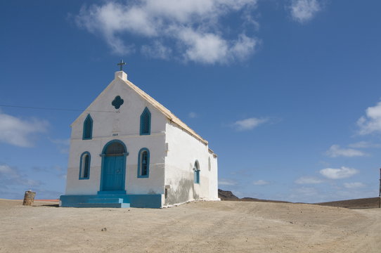 Bright church at sandy beach, Pedro Da Sal, Sal, Cape Verde