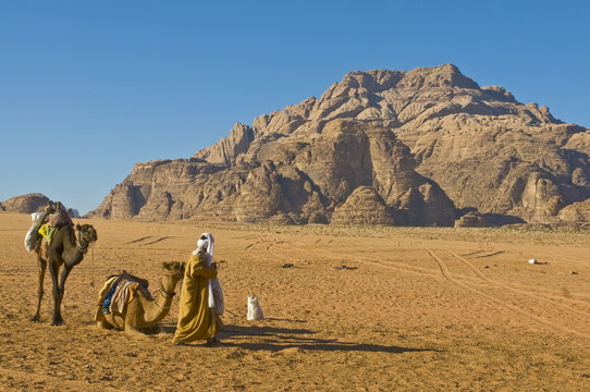 Bedouin with his camels in the stunning scenery of Wadi Rum, Jordan
