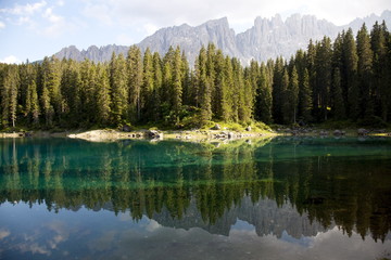 The Karersee (Lago di Carezza), an alpine lake in the Dolomites, Bolzano province, South Tyrol