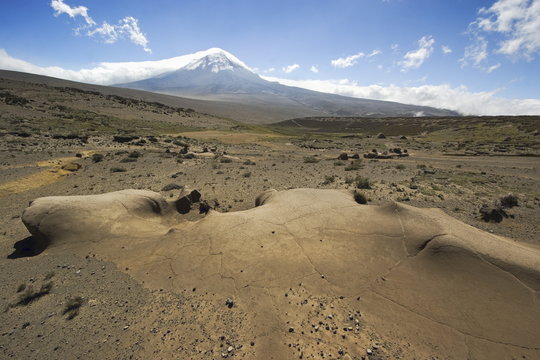 Wind erosion feature on the west flank of 6310m Volcan Chimborazo, with its unique type of Andean high paramo (puna) made dry by the rain shadow, Chimborazo Province, Central Highlands, Ecuador