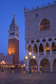 Daybreak view of Piazza San Marco (St. Mark's Square) and Campanile with Doges Palace, Venice, Veneto