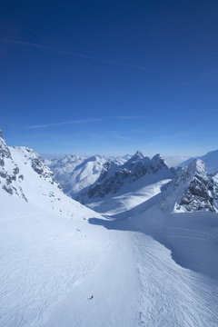 View from summit of Valluga in St. Anton am Arlberg in winter snow, Austrian Alps, Austria