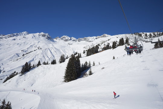 Ski lift and winter snow, St. Anton am Arlberg, Austrian Alps, Austria