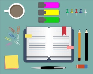 Stationery: daily planner, markers, paper clips and cup of coffee. Vector illustration. It can be used for the websites, registration of magazines, booklets, leaflets