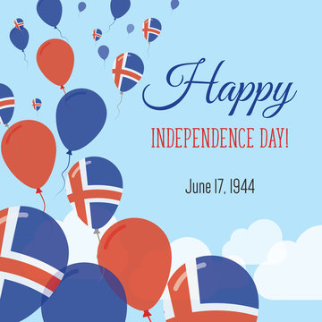 Independence Day Flat Greeting Card. Iceland Independence Day. Icelander Flag Balloons Patriotic Poster. Happy National Day Vector Illustration.