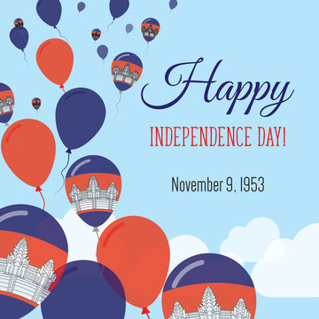 Independence Day Flat Greeting Card. Cambodia Independence Day. Cambodian Flag Balloons Patriotic Poster. Happy National Day Vector Illustration.