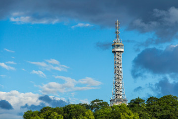 Obraz premium Lookout tower on the Petrin Hill in flowering spring park