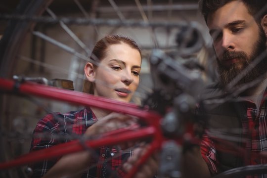 Mechanics repairing bicycle in workshop