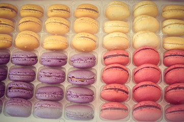 Colourful tasty macaroons in a row