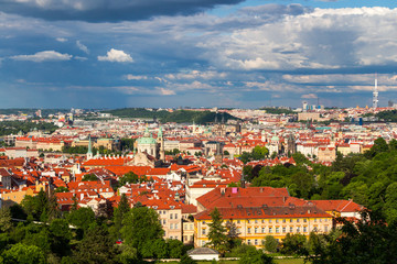Obraz premium Terracotta red roofs of the city Prague shot from the high point, Prague, Czech Republic