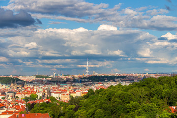 Fototapeta premium Aerial view of Prague from Prague Castle on a cloudy evening. Prague, Czech Republic