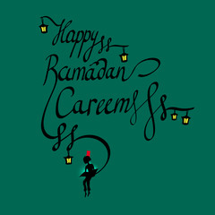 Doodle calligraphy text Happy Ramadan Kareem and a boy reading the sacred book, arabic islamic holy month of muslim community,  silhouette on night sky. Greeting card