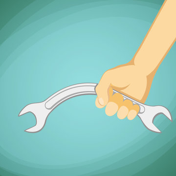 Bent Wrench in hand of man. Industrial tool. Stock vector illust