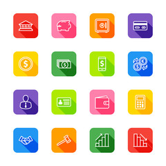 white line business commercial and finance icon set on colorful rounded rectangle with shadow for web design, user interface (UI), infographic and mobile application (apps)