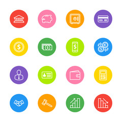 white line business commercial and finance icon set on colorful circle for web design, user interface (UI), infographic and mobile application (apps)