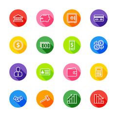 white line business commercial and finance icon set on colorful circle with shadow for web design, user interface (UI), infographic and mobile application (apps)
