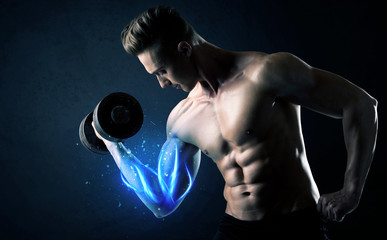 Fototapeta na wymiar Fit athlete lifting weight with blue muscle light concept