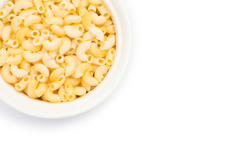 Bowl of macaroni on white background