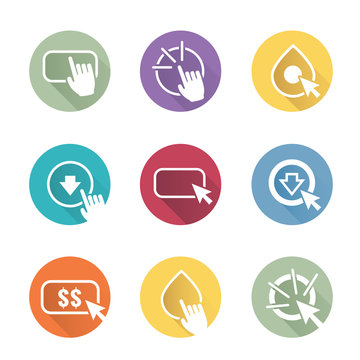 Call to Action Icon Graphics with Buttons, Clicking Hand and Pointers, and Dollar Signs
