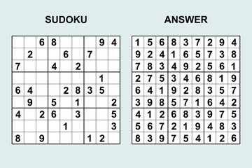 Vector sudoku with answer. Puzzle game with numbers.