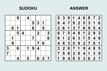 Vector sudoku with answer. Puzzle game with numbers.