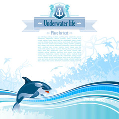 Sea travel background design in blue colors with net, foam, wave and seagulls and killer whale icon.