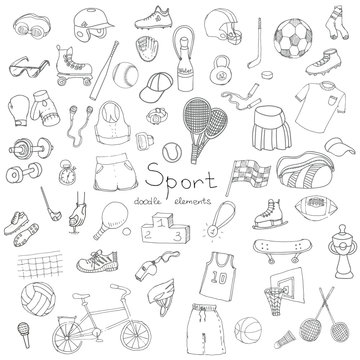 Hand drawn doodle sport set. Vector illustration. Sketchy sport related icons, tennis, golf, baseball, basketball, football, soccer, volleyball, rugby, hockey, fitness, boxing, running, bicycle