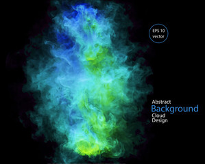 Vector abstract cloud. Smoke design. Vector illustration of blue, green and yellow, smoke on black. Abstract banner paints. Background for banner, card, poster, identity, web design