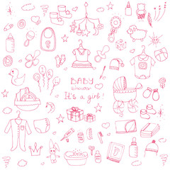 Set of baby shower design vector illustration icons, hand drawn baby care elements, Baby girl shower design icons, children's girl clothing, toy, bib, nappy, carriage, socks, bottle, baby foot print