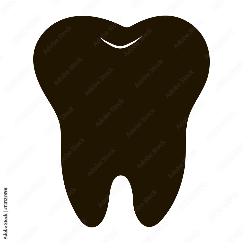 Wall mural simple cartoon tooth white silhouette on a blue background, teeth, vector illustration icon, logo first tooth. Medical dental office symbols. Care for the oral cavity, dental health, care, hospital