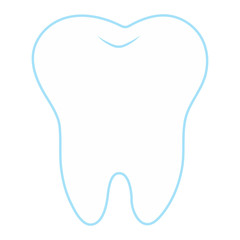 simple cartoon tooth white silhouette on a blue background, teeth, vector illustration icon, logo first tooth. Medical dental office symbols. Care for the oral cavity, dental health, care, hospital