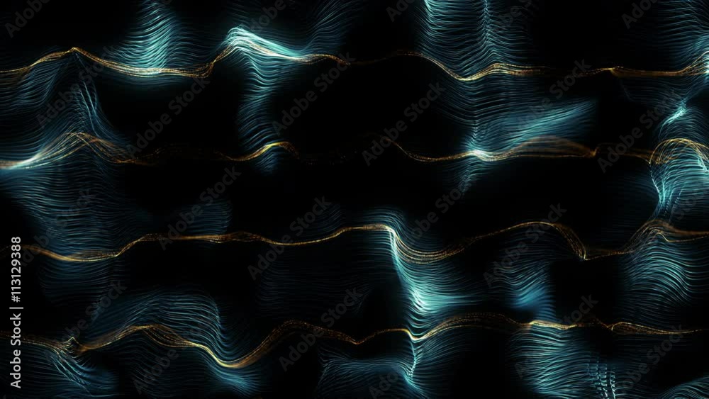 Poster loopable abstract 3d rendering particle background, lines surface displaced with turbulence field