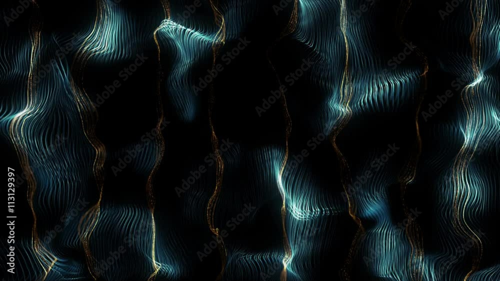 Poster loopable abstract 3d rendering particle background, lines surface displaced with turbulence field