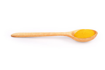 spices in a wooden spoon on a white background