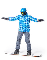 Portrait of young man in sportswear with snowboard isolated on a white background.