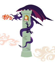 A dragon wrapped around the tower with the princess