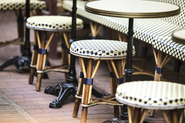 Fototapeta na wymiar Decorated Outdoors Restaurant Tables in Normandy