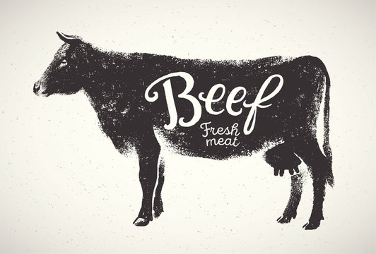 Graphical silhouette cow and inscription. Vector illustration, drawn by hand. Can be used as labels and packaging.