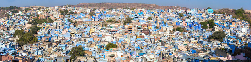 Jodhpur, the Blue City seen from Mehrangarh Fort, Rajasthan, India, Asia. Panorama