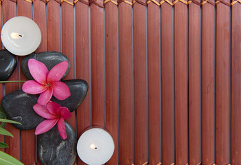 Close up view of spa theme objects on the wooden