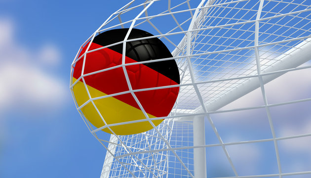 Soccer Euro 2016,Football Germany flag shooting Goal with blurred blue sky background.3D Rendering