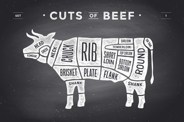 Cut of meat set. Poster Butcher diagram and scheme - Cow. Vintage typographic hand-drawn on a black chalkboard background. Vector illustration