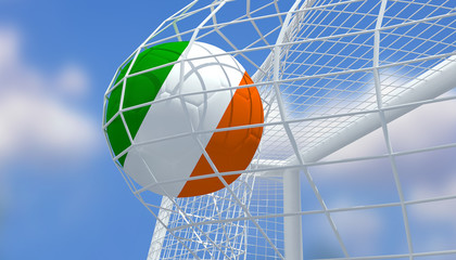 Soccer Euro 2016,Football Republic of Ireland flag shooting Goal with blurred blue sky background.3D Rendering
