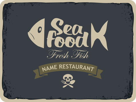 Retro banner for seafood restaurants with fish and Jolly Roger skull and cutlery