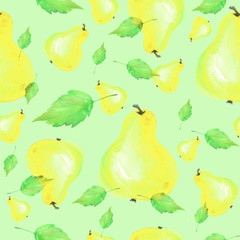 Vintage seamless pattern with fruits pears, made with watercolors. Apply in the field of design, packaging, textile and other 