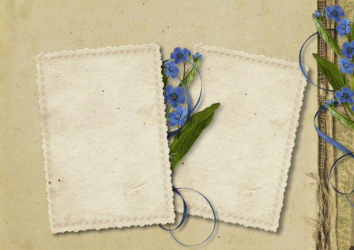 Grunge paper background with old card and flowers