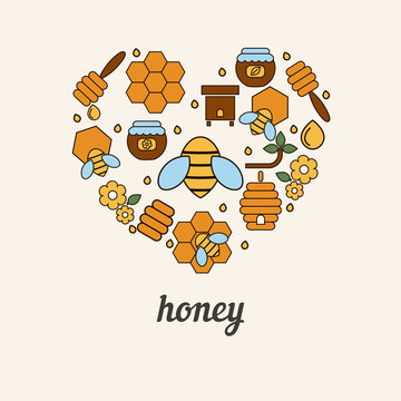 Honey and bee icons in the shape of heart.