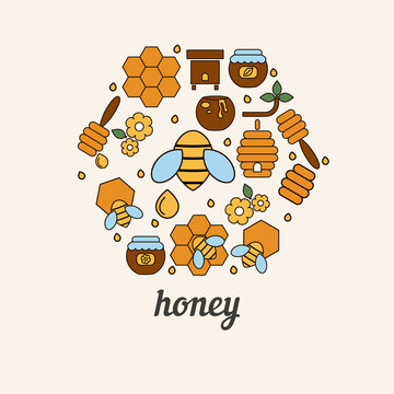 Honey and bee icons in the shape of honeycomb.